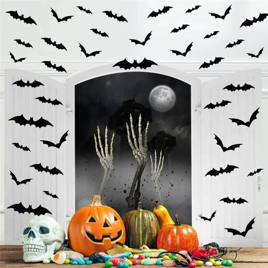 12PCS 3D Black Bat Wall Stickers – Halloween Party Decor for Walls, Windows & Indoor Spaces